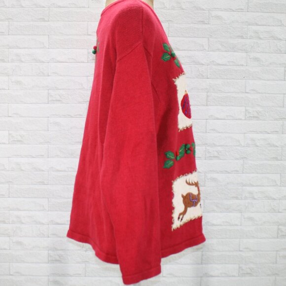 BOBBIE BROOKS Cardigan Christmas Knit Sweater Holiday Ugly Patchwork Red XL - Picture 4 of 12